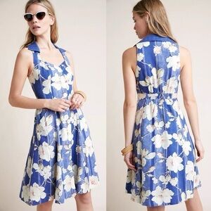 ANTHROPOLOGIE l Camellia Collared Pastel Blue Ivory Floral Dress